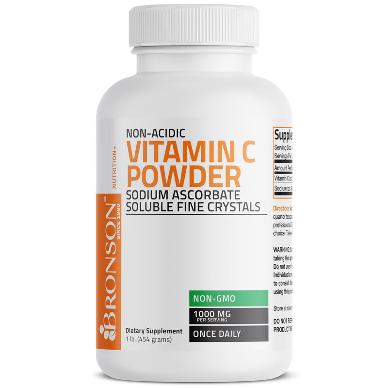 Bronson Vitamin C Powder, Non-Acidic Sodium Ascorbate, 1 lb (16 oz) | 1000 mg per 1/4 tsp (Approx.), Soluble Fine Crystals, Gentle on the Stomach, Antioxidant & Immune Support, Non-GMO Unflavored 16 Ounce (Pack of 1)