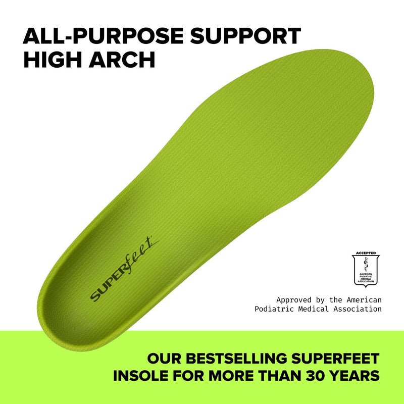 Superfeet All-Purpose Support High Arch Insoles (Green) for Active Lifestyle with High Arch Support - Men 7.5-9 / Women 8.5-10