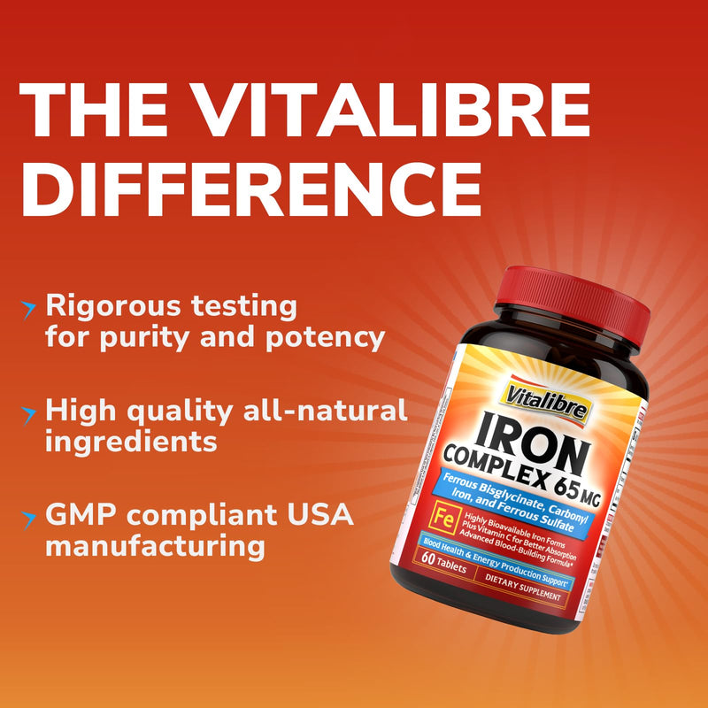 Iron Supplement, 65mg Complex Ferrous Bisglycinate, Sulfate, Carbonyl Iron | with Natural Vitamin C, Stomach Friendly Iron Pills for Blood Building, High Absorption, Non GMO, 60 Vegan Tabs