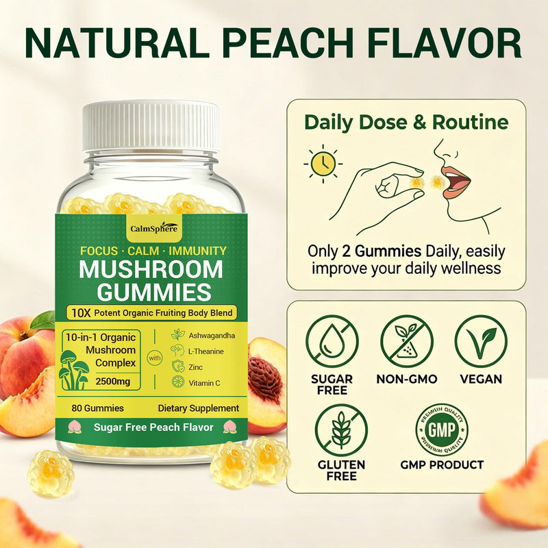 Mushroom Gummies - All-in-1 Organic Mushroom Complex 2500mg with Ashwagandha, L-Theanine, Zinc, Vitamin C - Focus, Calm & Immunity Support, Sugar Free Peach Flavor, 80 Gummies