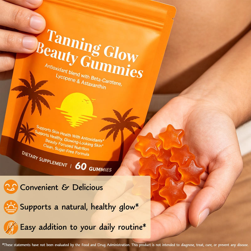 Tanning Gummies for Women, Tanning Gummies with Vitamin C & E, Astaxanthin, Beta Carotene & Lycopene Blend, Tanning Supplement Supports Healthy-Looking Skin, Sugar-Free, 60 Count