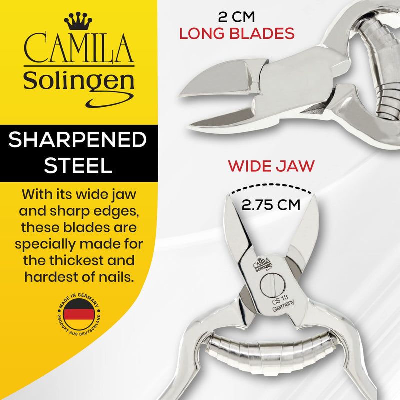 CS13 Large Heavy Duty Toe Nail Clipper for Thick Toenails, Manicure & Pedicure, Double Barrel Spring. Super Sharp Trimmer Curved Carbon Steel 20mm Blade Made in Solingen, Germany CS13