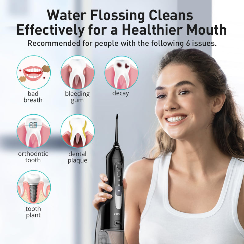 COSLUS Water Dental Flosser Teeth Pick C20(F5020E): Portable Cordless Oral Irrigator 300ML Rechargeable Travel Irrigation Cleaner IPX7 Waterproof Electric Flossing Machine for Teeth Cleaning Black - BeesActive Australia
