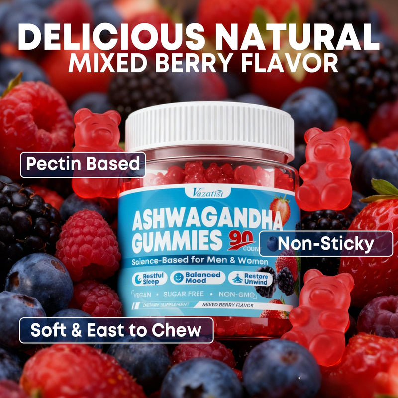 90 Count Ashwagandha Gummies with L-Theanine, GABA, Magnesium & Vitamin D3, Organic Ashwagandha Supplements for Women & Men for Relaxation & M00d Balance, Vegan, Sugar Free, Mixed Berry Flavor 90 Count (Pack of 1)
