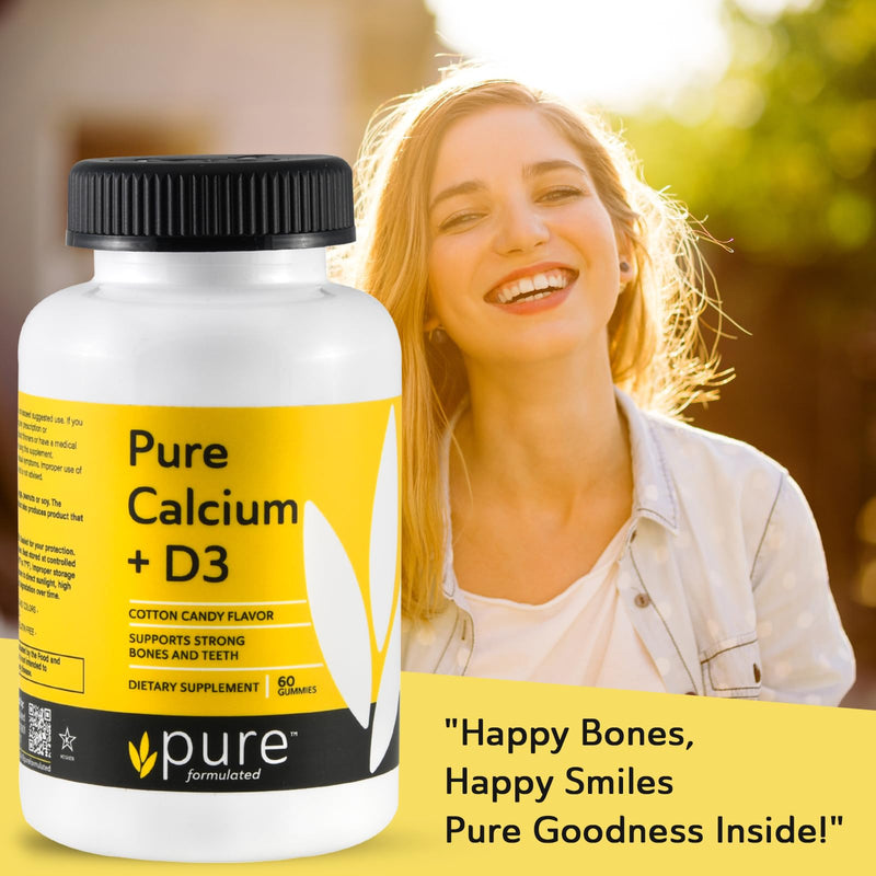 Vegan Calcium with Vitamin D3 Strong Bone & Teeth Support Calcium with 1000 IU D3 Gummies for Adults & Kids, Kosher, Gluten-Free, Dairy-Free, 60 Gummies calcium + D