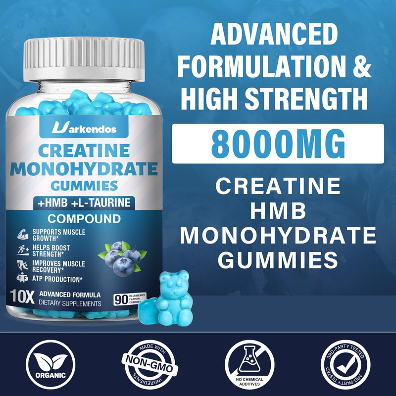 2 Pack Creatine HMB Monohydrate Gummies, Contains Vitamin B6, B12 and L-Taurine,Creatine Gummies for Men & Women, Promote Muscle Growth, Blueberry Flavor Supplement 90 Count (Pack of 2)