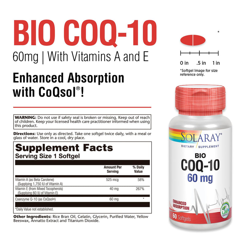 SOLARAY Bio CoQ-10 60 mg, 60 Softgels | Enhanced Absorption, Vitamins A & E, Healthy Heart Support, Cellular Energy Support