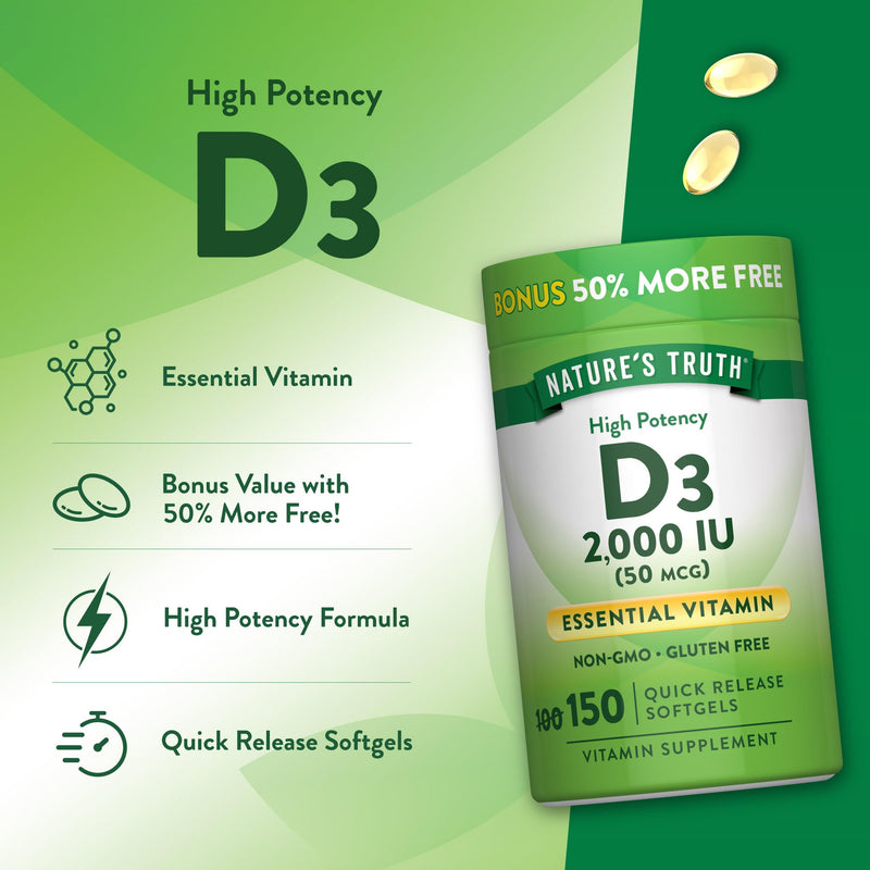 Nature's Truth Vitamin D3 2000 IU Softgels for Adults | 150 Count | High Potency | Non-GMO and Gluten Free Supplement | High Potency | Non-GMO and Gluten Free Supplement