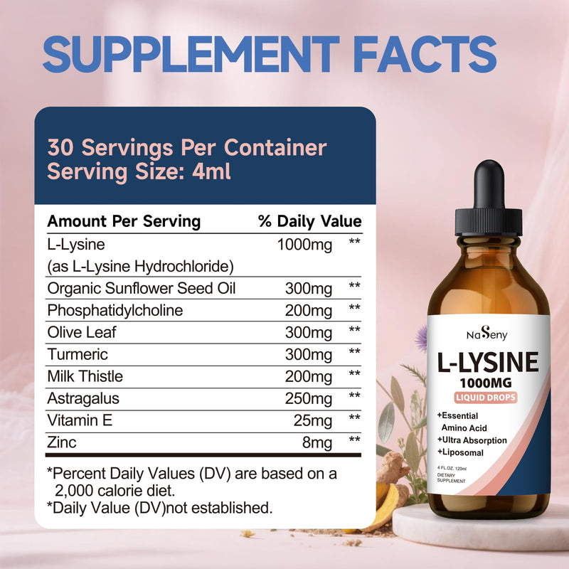 L-Lysine 1000mg Liquid Drops - Collagen, Immune, Lip & Skin Health | Liposomal Lysine Supplement for Adults with Turmeric, Astragalus, Vitamin E & Zinc - 4 Fl oz