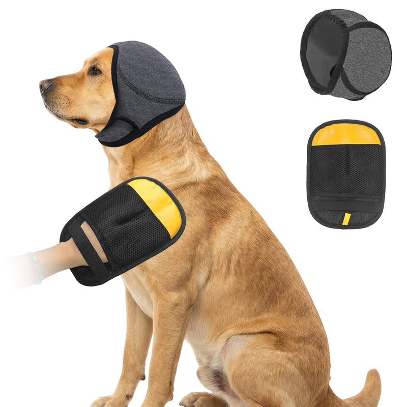 Adhiper No Flap Ear Wraps Muffs for Dogs – Noise Cancelling Ear Covers for Bath, Drying, Swim & Anxiety Relief + Bonus Pet Hair Removal Glove for Laundry, Couch, Carpet (Gray/Medium) Medium
