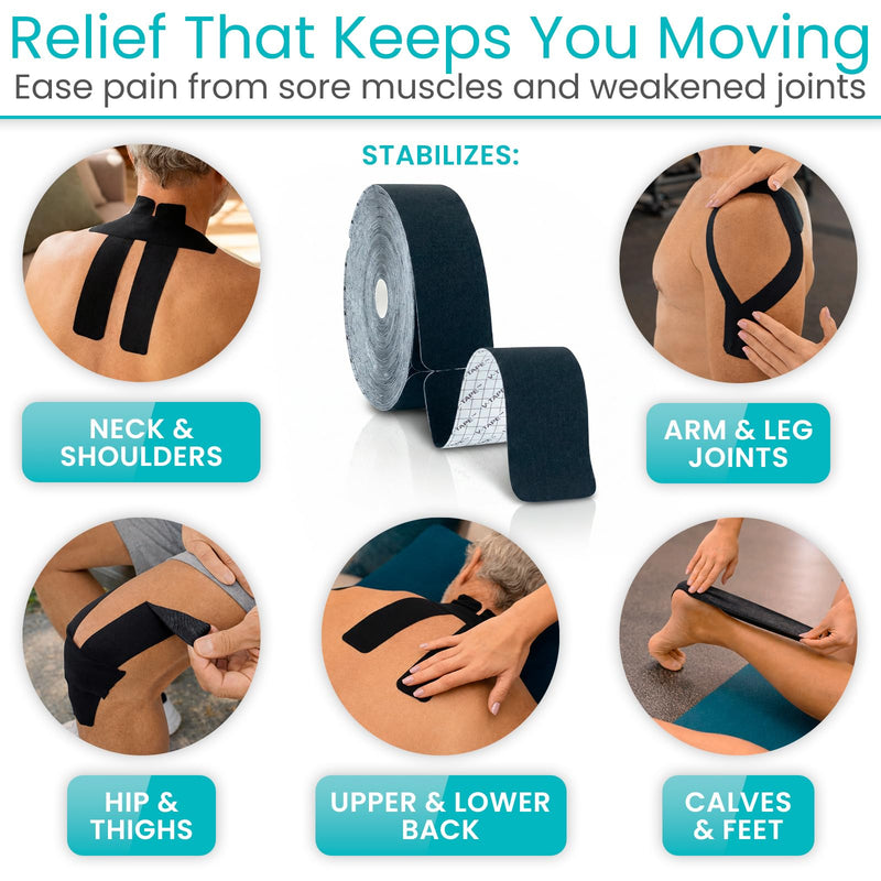 Vive Kinesiology Tape Roll - Tape Precut Strips (2" x 105 Feet/128 Strips) - Kinesio Sports Tape Athletic - Knee, Shoulder, Ankle, Muscle K Tape Adhesive Elastic Wrap - Body Kinetic Tape Waterproof 2" x 105' Black