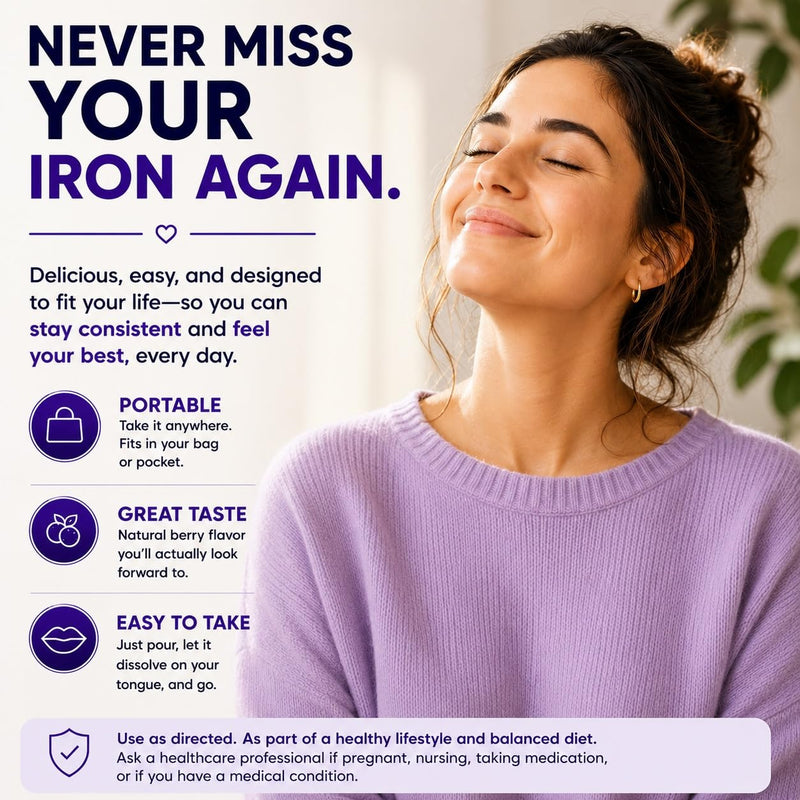 Go Wise Gentle Iron Powder Supplement, 14 Packets | No Water, Vitamin C, B6, B12 & Folic Acid, Supports Low Ferritin, No Metallic Taste, Vegan, Women, Men & Bariatric. 14 Sticks