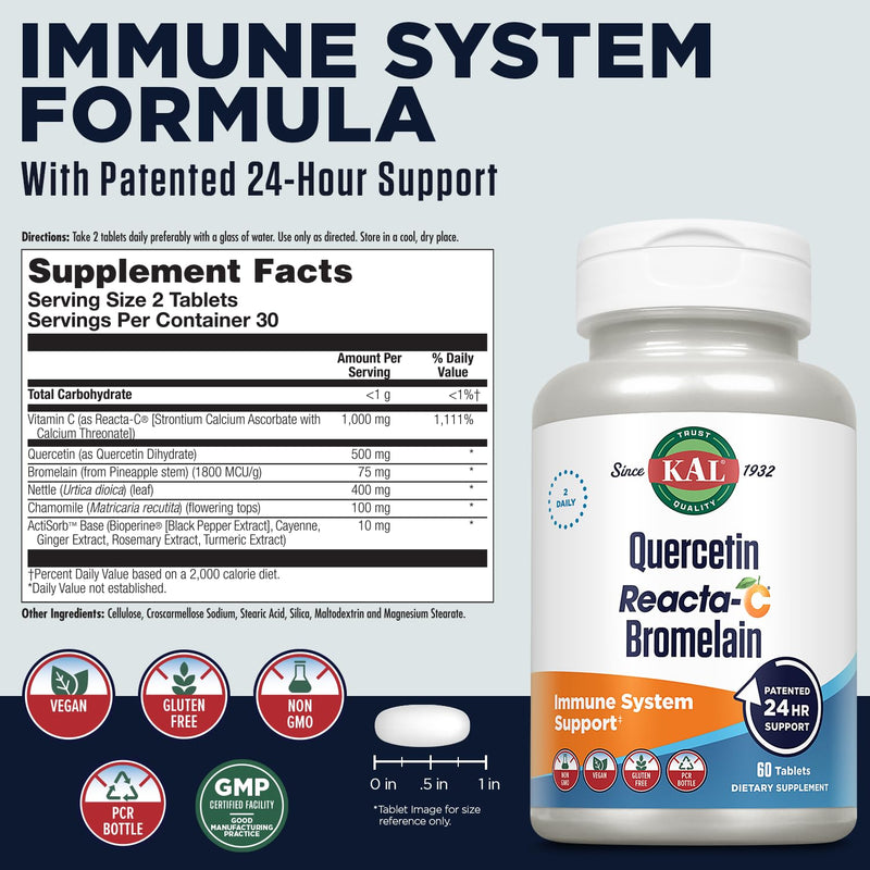 KAL Quercetin with Bromelain - Bromelain Quercetin Supplement for Men & Women, Complex with Vitamin C, Nettle, & Chamomile, Immune Health Support, Vegan, Non GMO, Gluten Free - 60 Tablets | Bromelain Quercetin Supplement for Men & Women, Complex with V...