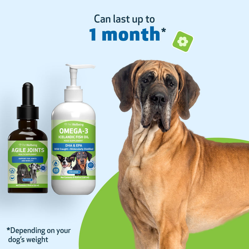 Pet Wellbeing Agile Joints & Omega-3 Icelandic Fish Oil for Dogs - NASC Certified & Vet-Formulated Herbal Joint Support & EPA/DHA Bundle, Herbal Liquid & Molecularly Distilled Fish Oil, 2 oz & 8 oz