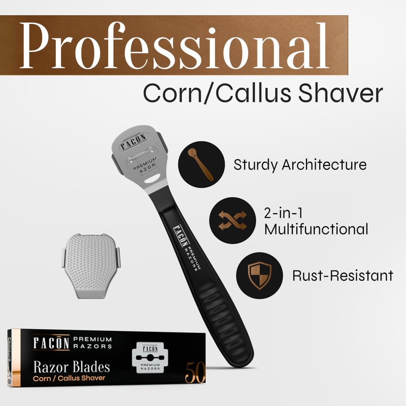 Fac√≥n Professional Callus Shaver Remover with 50 Blades, Pedicure Razor for Feet & Hands, Foot Razor for Callus Removal, Callus Blade Remover, Corn Shaver, Surgical Grade Premium Stainless Steel Tool Black
