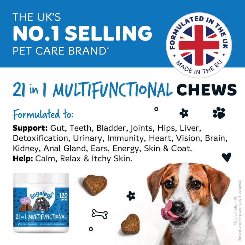 BUGALUGS 21 in 1 Multifunctional Dog Treats – Helps Gut, Teeth, Bladder, Joints, Calming, Relax & Itchy Skin - Perfect for Small, Medium & Large Dogs -120 chews