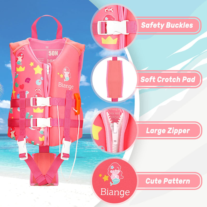 Kids Swim Vest, Child Swimming Jacket Toddler Floaties Swim Float Aid with Emergency Whistle for Boys Girls Ages 1-9 Years Old Pink Mermaid S(1-4Years)
