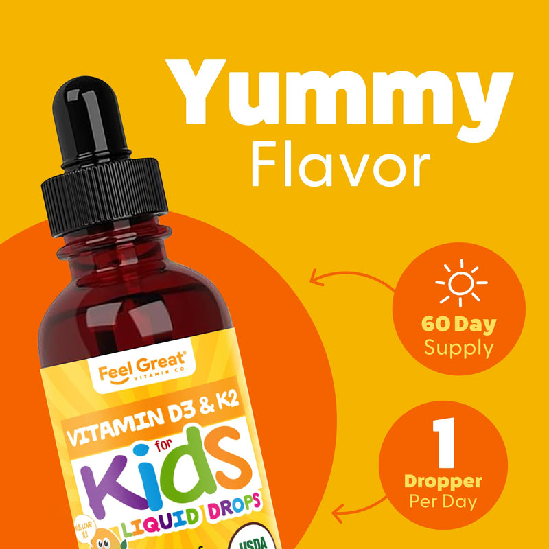 Feel Great Organic Vitamin D3 + K2 Liquid Drops for Kids & Infants, 2oz | USDA Organic Vitamin D3 + K2 Drops for Bone & Immune Support, Calcium Absorption, Tropical Fruit, Vegan, Gluten-Free