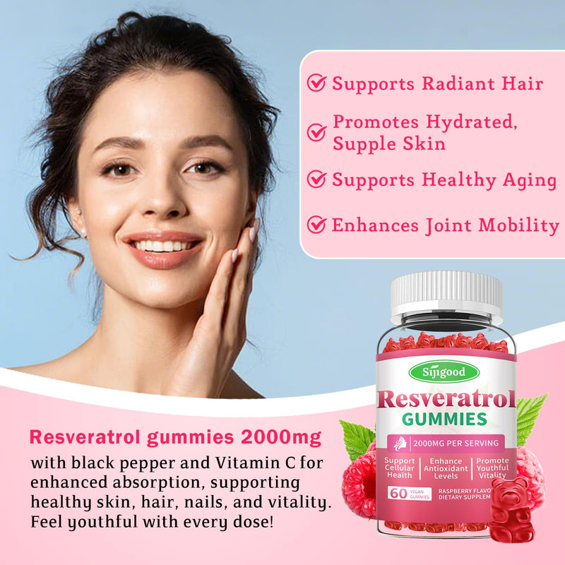 2 Pack Organic Resveratrol Gummies Supplement for Women Sugar Free | For Antioxidant Support, Cellular Health, Immunity, Brain & Energy, Raspberry Flavor, 120 Count 60 Count (Pack of 2)