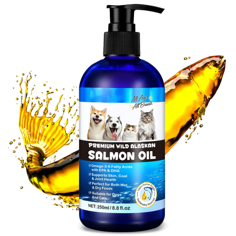Alaskan Salmon Oil for Dogs & Cats 250ml – Natural Omega 3 & 6 Fish Oil Supplement with EPA & DHA – Supports Skin, Coat, Joints, Brain & Heart – Anti-Inflammatory Pet Supplement for Dogs and Cats