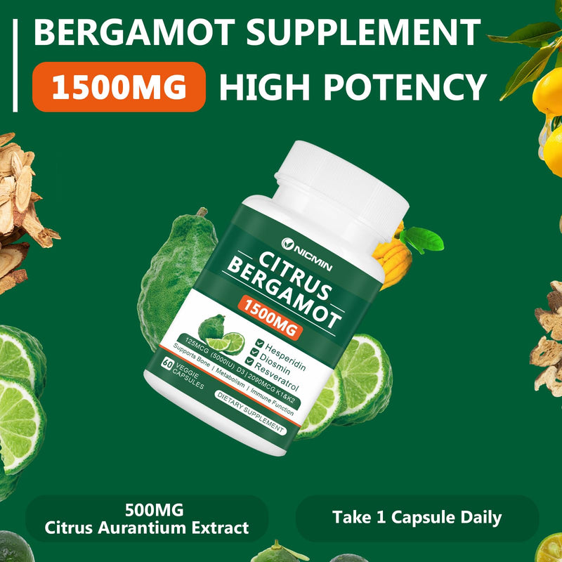 Citrus Bergamot 1500mg with Hesperidin, Diosmin, Resveratrol, Vitamin D3, K1 & K2 - Bergamot Supplement Supports Bone Health 120 Veggie Capsules