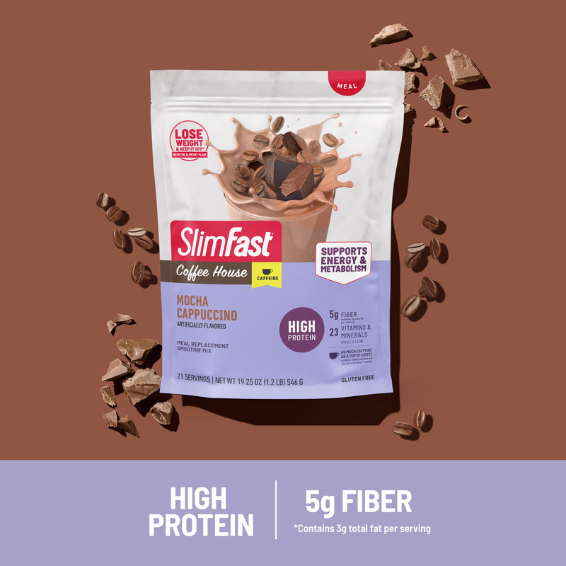 SlimFast High Protein Meal Replacement Powder, Caffeine Protein Powder, Energizing Protein Mix, Vitamin and Mineral Blend, Gluten Free, Coffee Flavored Protein Powder, Mocha Cappuccino, 21 Servings 19.25 Ounce (Pack of 1)