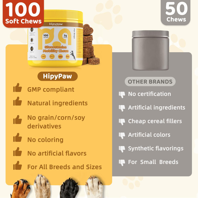Glucosamine for Dogs, Hip & Joint Support Soft Chews with Chondroitin MSM, Green Lipped Mussel, Omega-3 & Turmeric, Joint Pain Relief,Mobility Support - Senior & Active Dogs, Chicken Flavor,100 Count Yellow