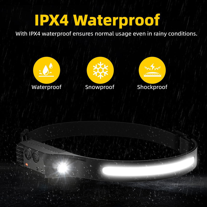 Rechargeable Headlamp 4PCS, Motion Sensor 230° Head Lamp, Hard Hat Light for Adults, Headlight for Forehead, LED Headband Flashlight for Work, Running, Camping Essentials Gear Black 4Pack