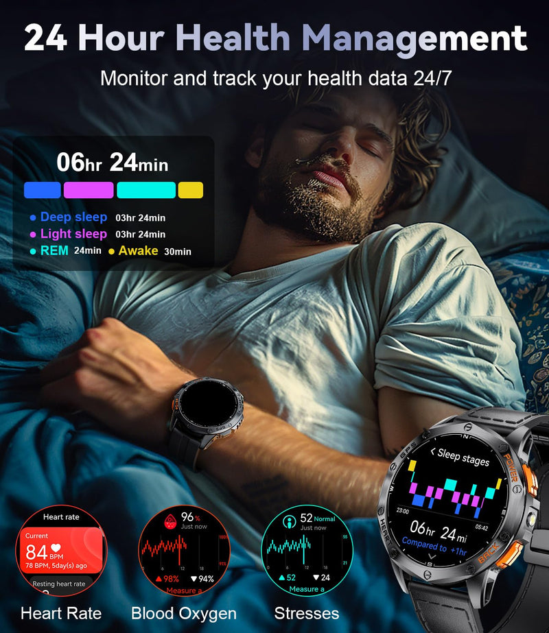 LIGE GPS Smart Watches for Men, Bluetooth Call, LED Flashlight, Compass, 1.43" AMOLED Fitness Watch with Heart Rate/Sleep Monitor, 100+ Sports Modes, iOS Android Compatible, Military Outdoor, Black DM1-E