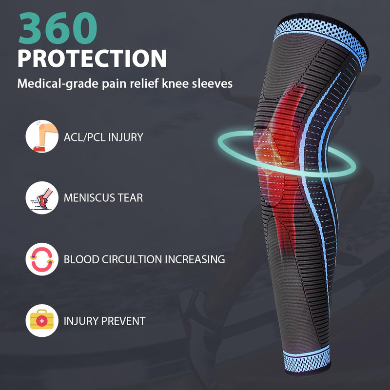 2 Pack Full Leg Compression Sleeves for Men And Women Long Knee Brace Support for Basketball, Running, Workout, Cycling, Sport Blue Large