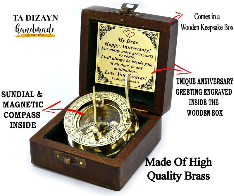 Anniversary Sundial Compass Gift for Him or Her-Unique Gift Ideas for Husband or Wife, Men Wedding Anniversary 50th 40th 25th 20th Year Celebration, Naval Maritime Pocket Watch Clock, Sun Clock - BeesActive Australia