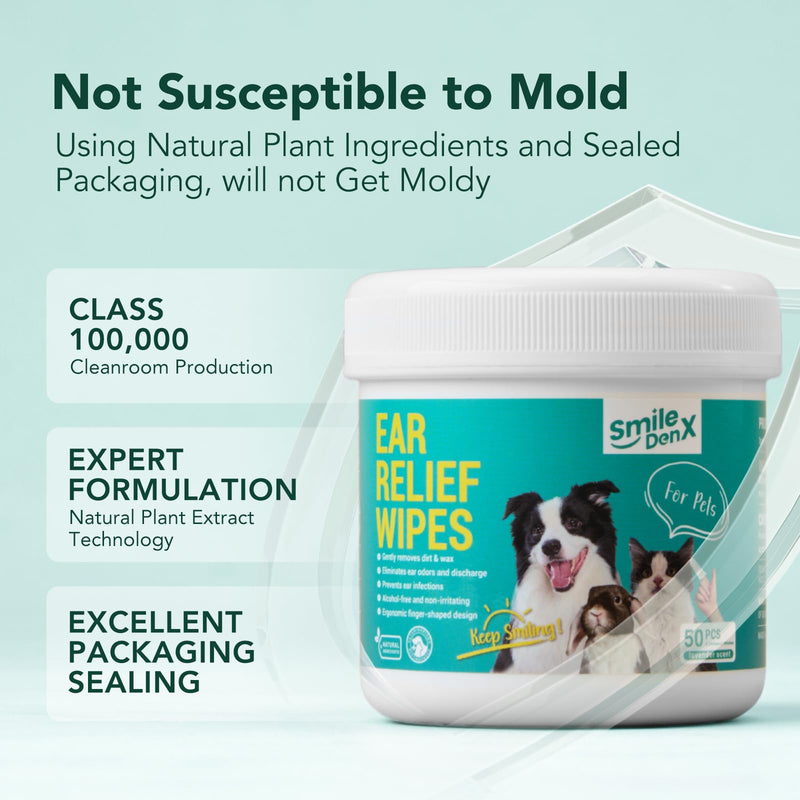 Dog Ear Cleaner Finger Wipes - Gently Remove Ear Wax & Debris, Relieve Ear Itching & Inflammation - Soothing Cleansing Deodorizing Ear Care Wipes for Cat and Dog (50 Pcs, Unscented) 50 PCS - BeesActive Australia