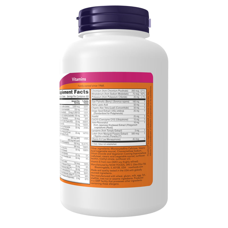 NOW Foods Supplements, ADAM™ Men's Multivitamin with Saw Palmetto, Lycopene, Alpha Lipoic Acid and CoQ10, Plus Natural Resveratrol & Grape Seed Extract, 120 Tablets 120 Count (Pack of 1)