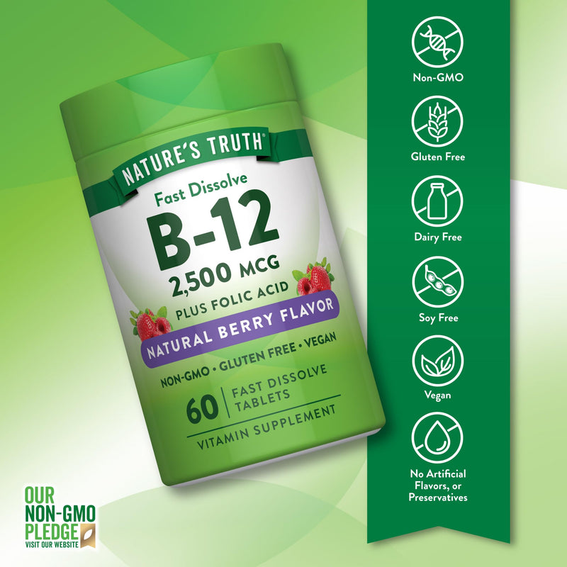 Nature's Truth B12 Vitamin | 2500 mcg | 60 Fast Dissolve Tablets | with Folic Acid | Vegan, Non-GMO & Gluten Free
