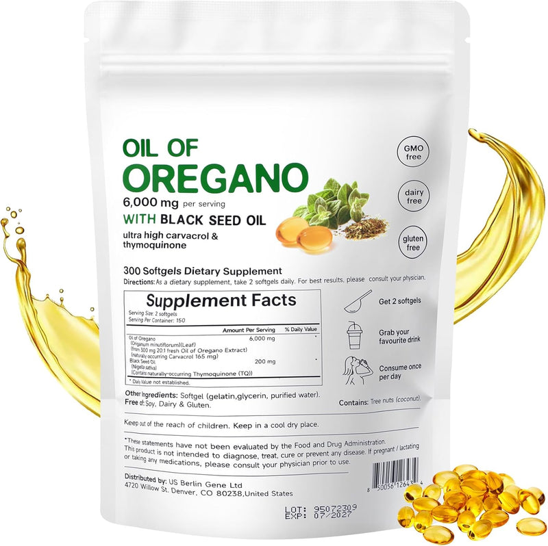 Nutrivora Oil of Oregano with Black Seed Oil, 2 in 1 6000mg Oregano Oil Capsules Organic,Pure & Natural Supplement, Non-GMO, Gluten Free(300 Softgel) 1 Bag - BeesActive Australia