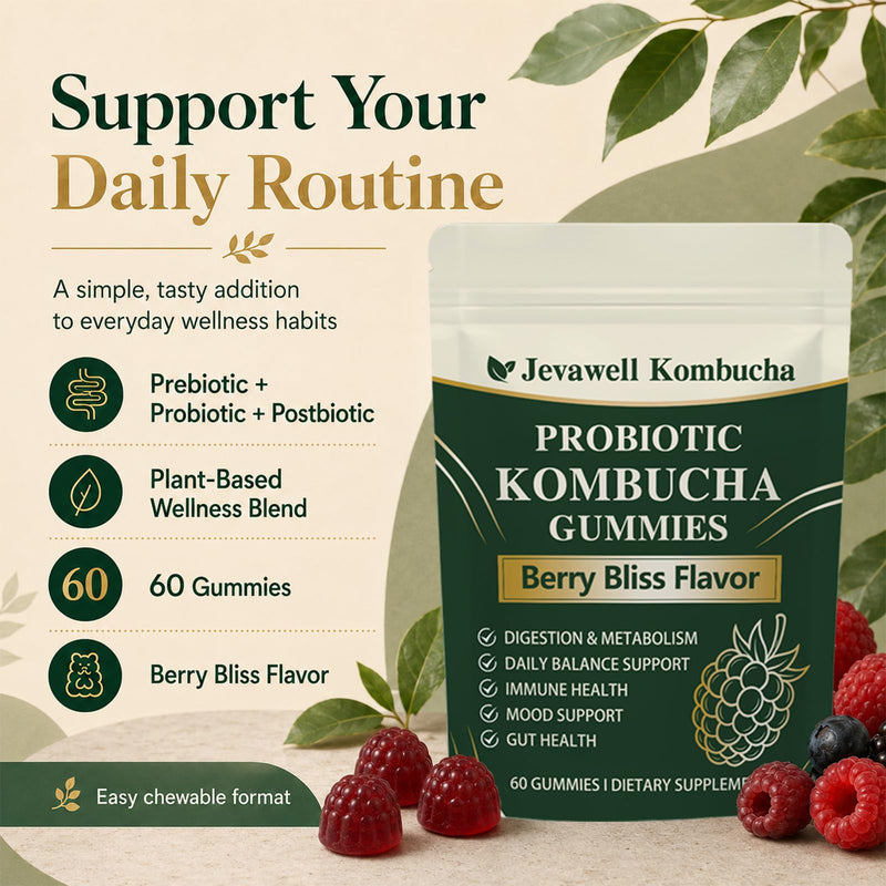 1PCSJevawell Kombucha Gummies,Enhance Immunity,60 Gummies | Jevawell Probiotic Kombucha Gummies - Prebiotics,Probiotics,Postbiotics,Slippery Elm Bark,Mct Oil for Daily Gut and Digestive 1