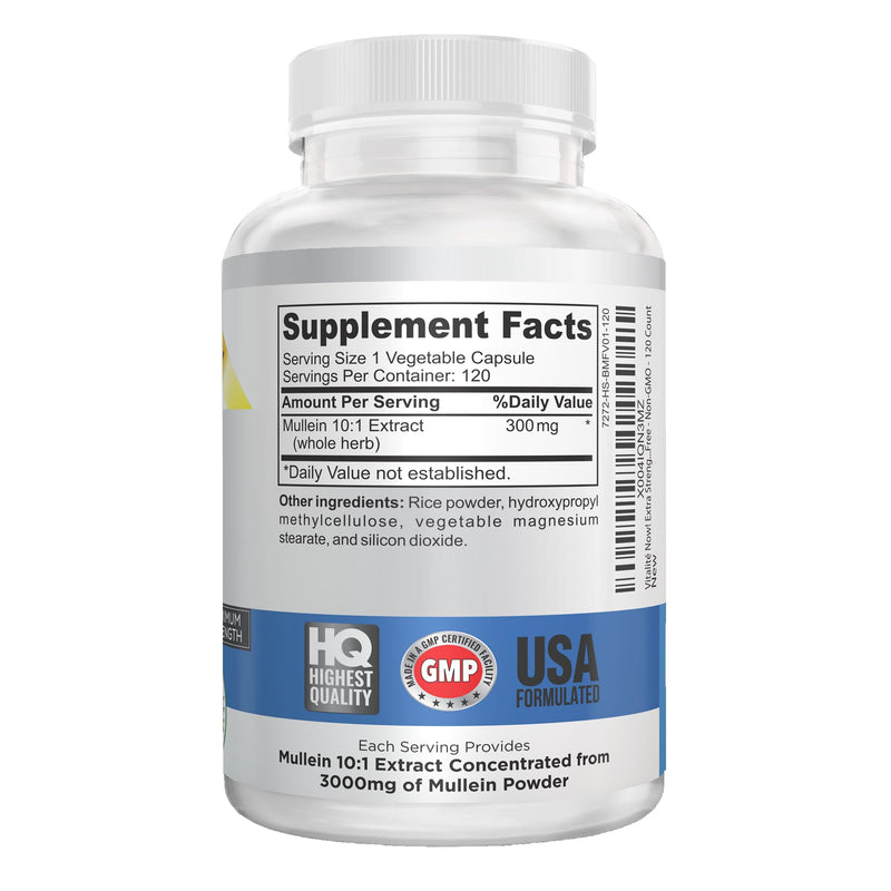 Vitalité Now! Extra Strength Mullein Capsules 100% Whole Herb 10:1 Extract | Respiratory & Immune Health, Lung Cleanse, Gluten Free, Non-GMO, 120 count, 4 month supply, Made in the USA