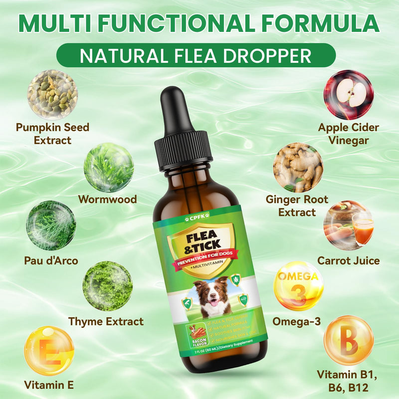 Flea and Tick Prevention for Dog, 60 ML (2 FL OZ) 2 Pack Natural Oral Flea and Tick Drops for Dogs Containing Multivitamin All Breeds and Sizes Fleas Control for Dogs Bacon Flavor 4 FL OZ