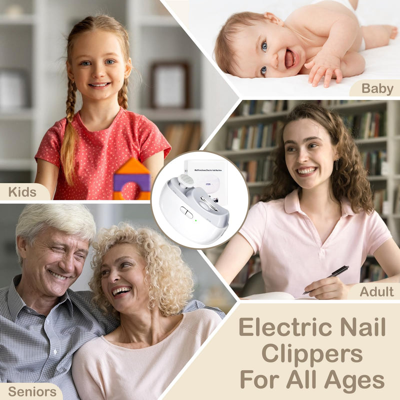 Automatic Nail Clipper Electric Nail Trimmer Polisher 2 in 1 Portable Fingernail Cutter with Light 2 Speeds File Nail Clip Storage Rechargeable Safety Trimmer for Baby Kids Adults Seniors (White) White - BeesActive Australia