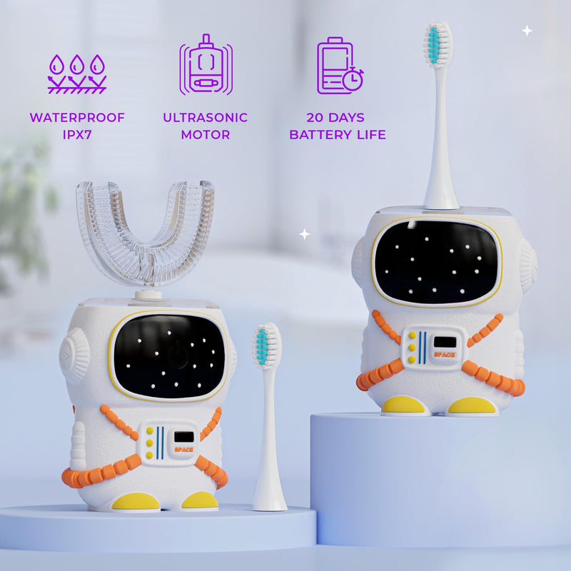 Sensory 360 Round U-Shaped Astronaut Design Mouthguard Electric Toothbrush for Kids Ages 2-7 - Automatic Memory Function - 5 Modes Toothbrush with Multiple Heads – Kids Travel Essentials (White) White