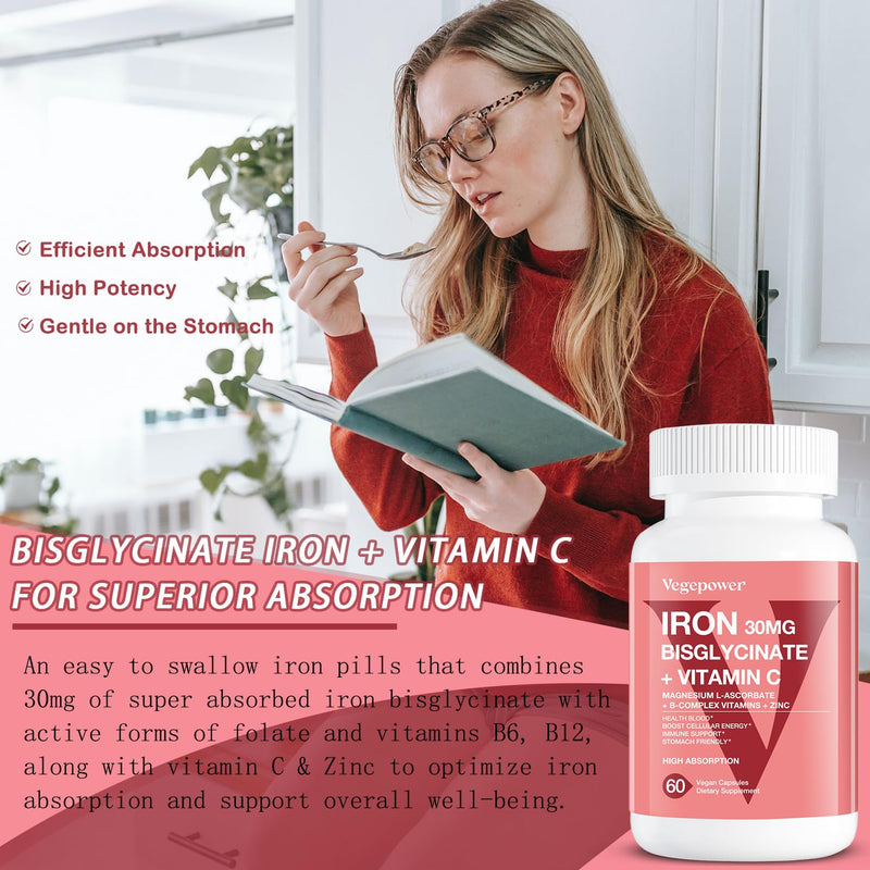 Iron Bisglycinate Supplement for Women - 30mg Iron, 60 Vegan Caps | with Vitamin C, B12, Folate for High Absorption, Chelated Iron for Anemia & Energy Support - Gentle on Stomach, Non-GMO Unflavored 60 Count (Pack of 1)