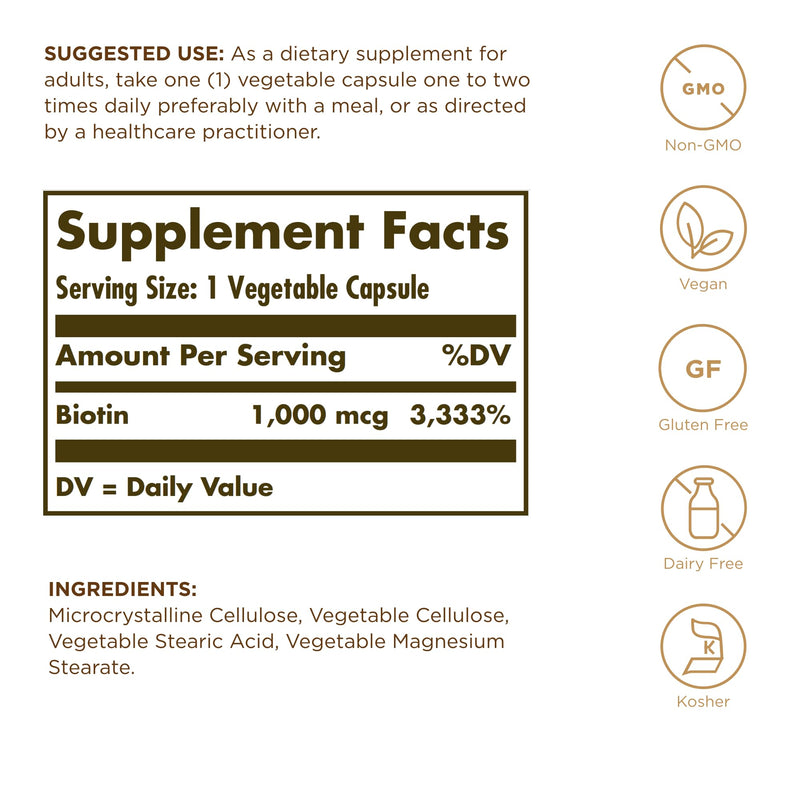 Solgar Biotin 1000 mcg - 100 Vegetable Capsules - Supports Healthy Skin, Nails & Hair - Non-GMO, Vegan, Gluten Free, Dairy Free, Kosher - 100 Servings (Pack of 2) 100 Count (Pack of 2)