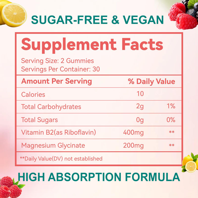 Vitamin B2 Gummies - Riboflavin 400mg Supplement with Magnesium for Adults | B2 Gummies for Migraine Relief* & Nervous System Support* | Vegan, Sugar-Free | Raspberry-Lemon Flavor | 60 Count 60 Count (Pack of 1)