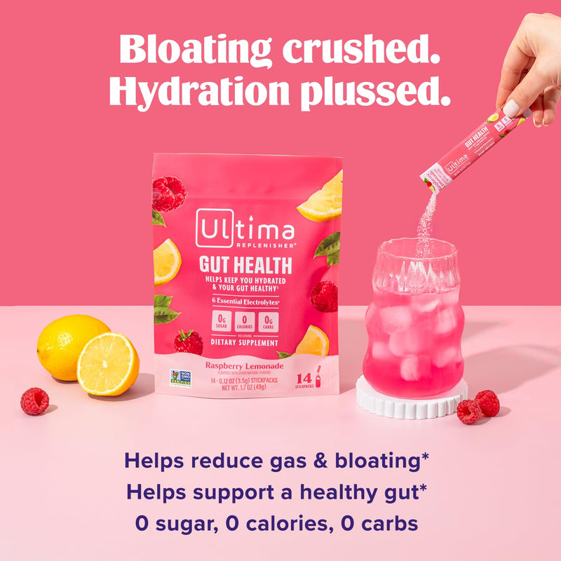 Ultima Replenisher Gut Health Supplement and Electrolytes Powder - Raspberry Lemonade, 14 Stickpacks - Hydration Packets with Added Gut Health Benefits - BeesActive Australia