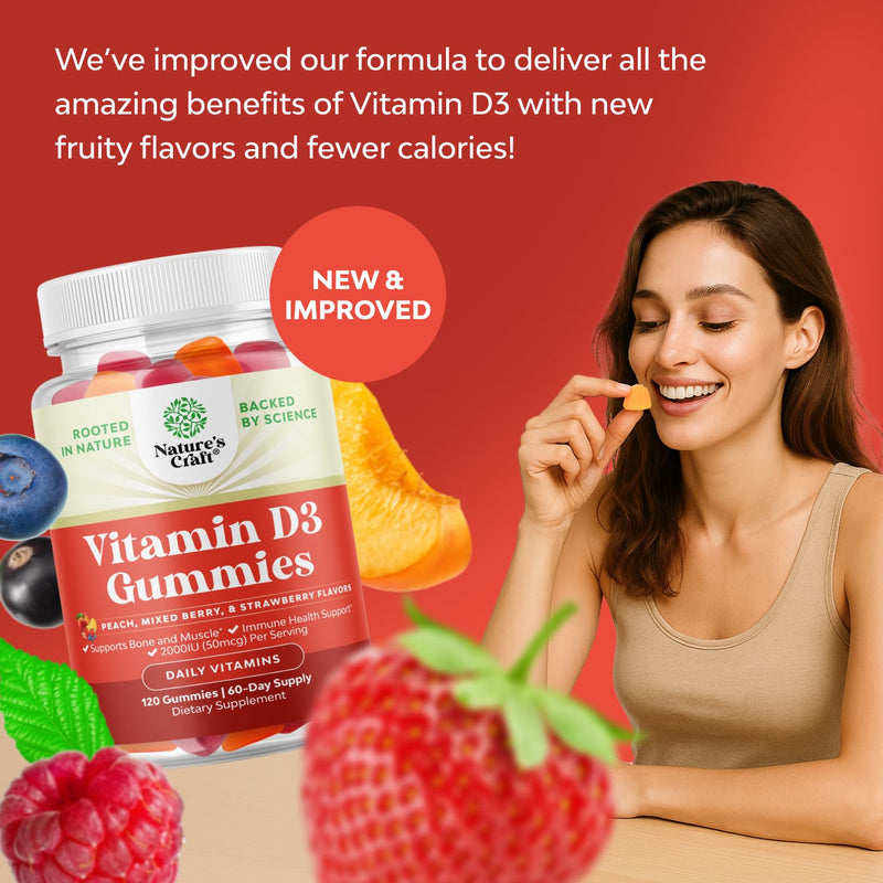 Natures Craft Vitamin D3 Gummies for Daily Wellness - Delicious Vitamin D Gummies for Adults with D3 2000IU per Serving Bone Muscle & Immune Support - Non-GMO Gelatin & Gluten Free - 120 Count 120 Count (Pack of 1)