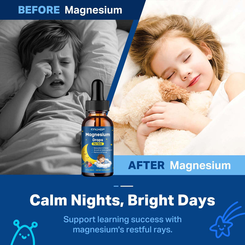 Magnesium Drops - Magnesium Glycinate Liquid Drops for Kids - Calm, Sleep, Relaxation, Bones, Brain Support with Vitamin B6, C, D3, Omega-3, L-Theanine, Zinc, Multivitamins - Mixed Berry Flavor 2 Fl Oz (Pack of 1)