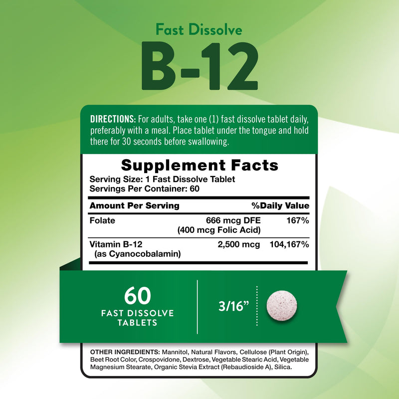 Nature's Truth B12 Vitamin | 2500 mcg | 60 Fast Dissolve Tablets | with Folic Acid | Vegan, Non-GMO & Gluten Free