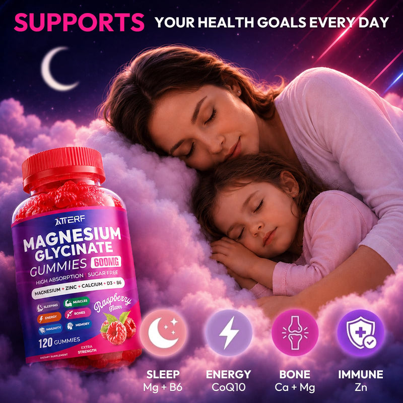 Magnesium Glycinate Gummies 600mg, Sugar Free High Absorption Chewable Magnesium Gummies with Zinc, Calcium, CoQ10 & B6 for Zzz, Relaxation, Brain & Muscle Support, Magnesium Supplement with Family 120 Count (Pack of 1)