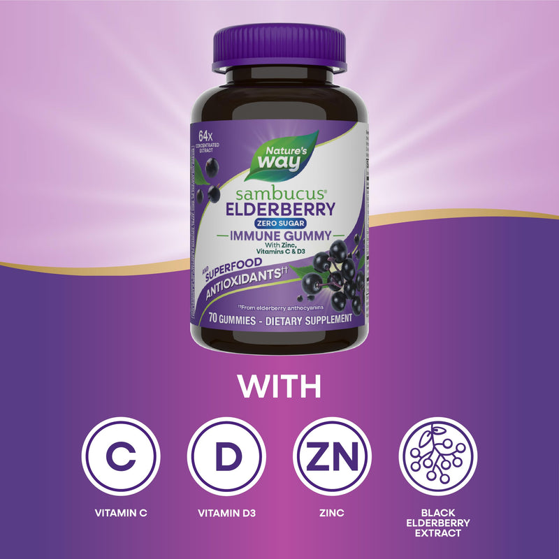 Nature's Way Sambucus Zero Sugar Immune Gummies, Daily Immune Support*, Black Elderberry Extract, Vitamin C, Vitamin D3, Zinc, Sugar Free, Sugar Alcohol Free, Plant-Based Sweeteners, 70 Gummies All Family 70 Count (Pack of 1)
