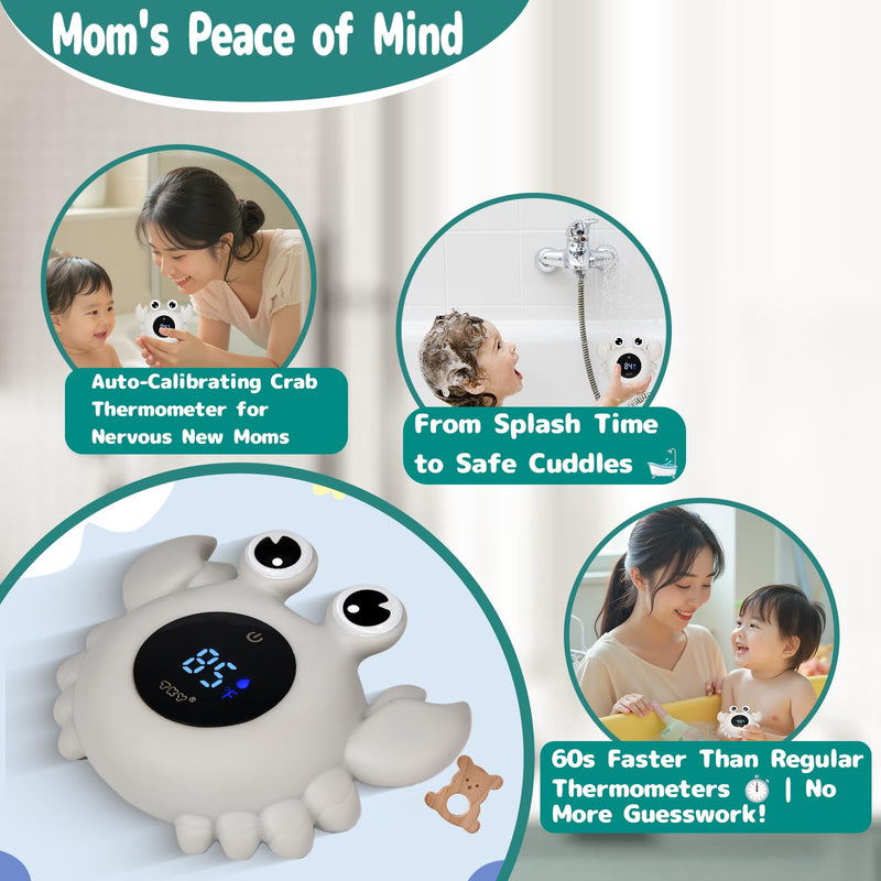 TKY Baby Bath Thermometer with Floating Toys & Room Temperature Monitor - Rechargeable Digital Thermometer with Temperature Alerts, Bath Essentials for Newborns, Infants (Advanced Grey) Advanced Grey